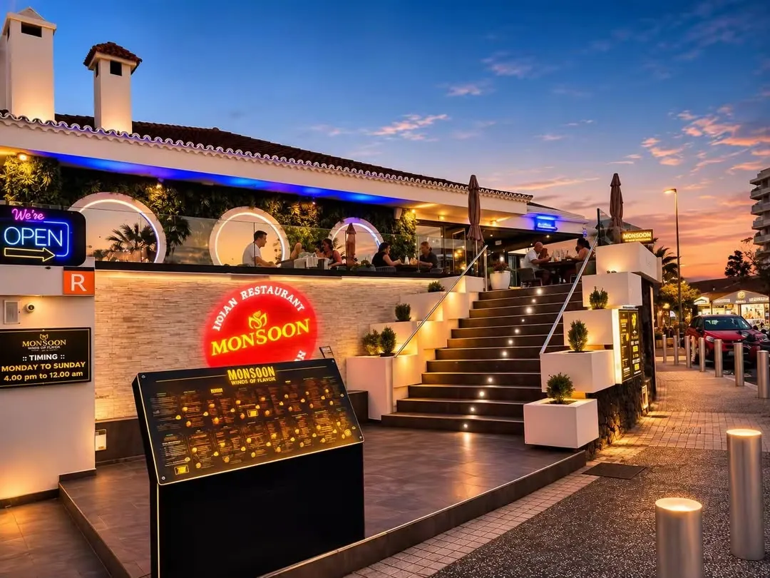 Monsoon Tenerife entrance and illuminated steps leading to the terrace